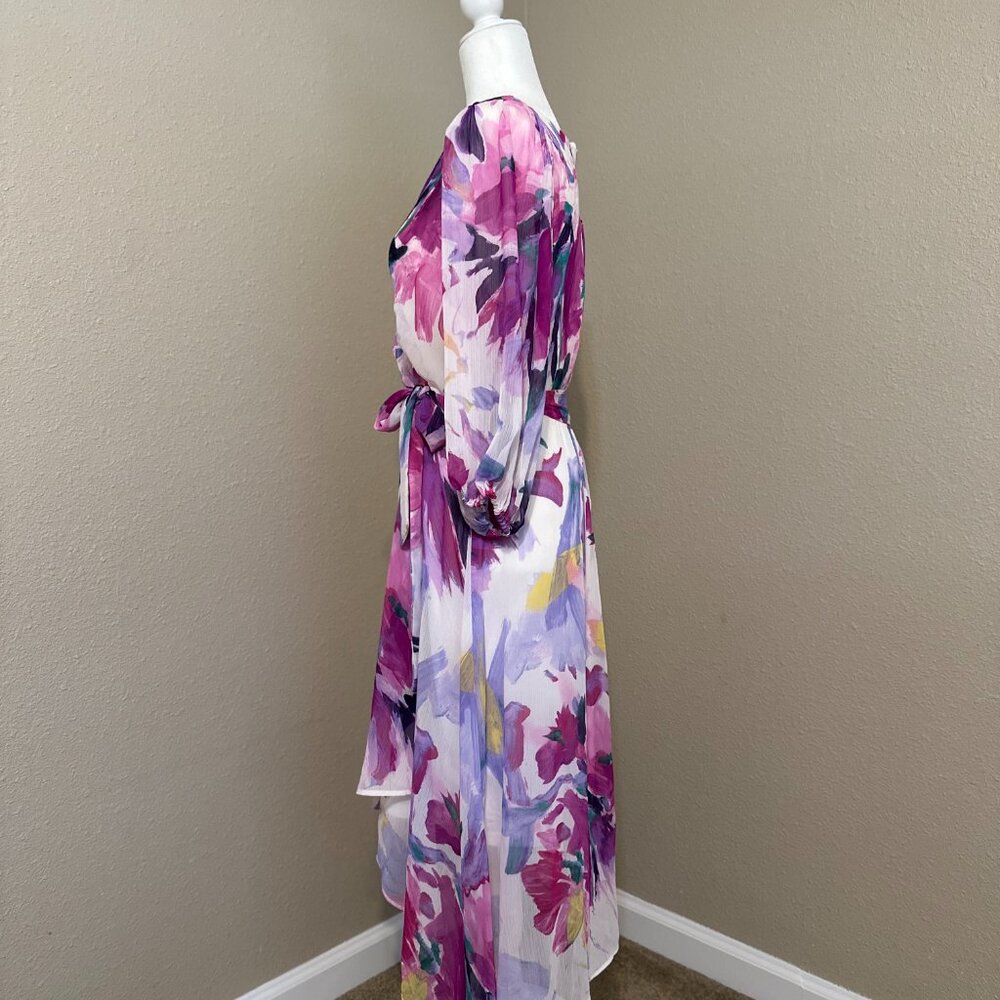DKNY Women's Floral-Print Balloon-Sleeve Tie-Waist V-Neck Dress Size 12 - Picture 4 of 10